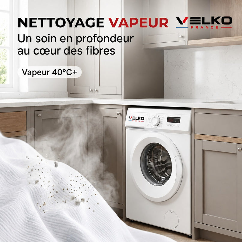 Lave-Linge Hublot VELKO Élégance 8 – Machine à Laver 8 kg – Classe A – 1400 tr/min – 15 Programmes, Vapeur & Format Slim