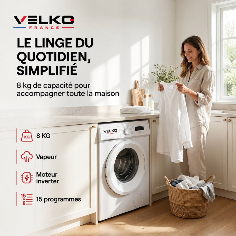 Lave-Linge Hublot VELKO Élégance 8 – Machine à Laver 8 kg – Classe A – 1400 tr/min – 15 Programmes, Vapeur & Format Slim