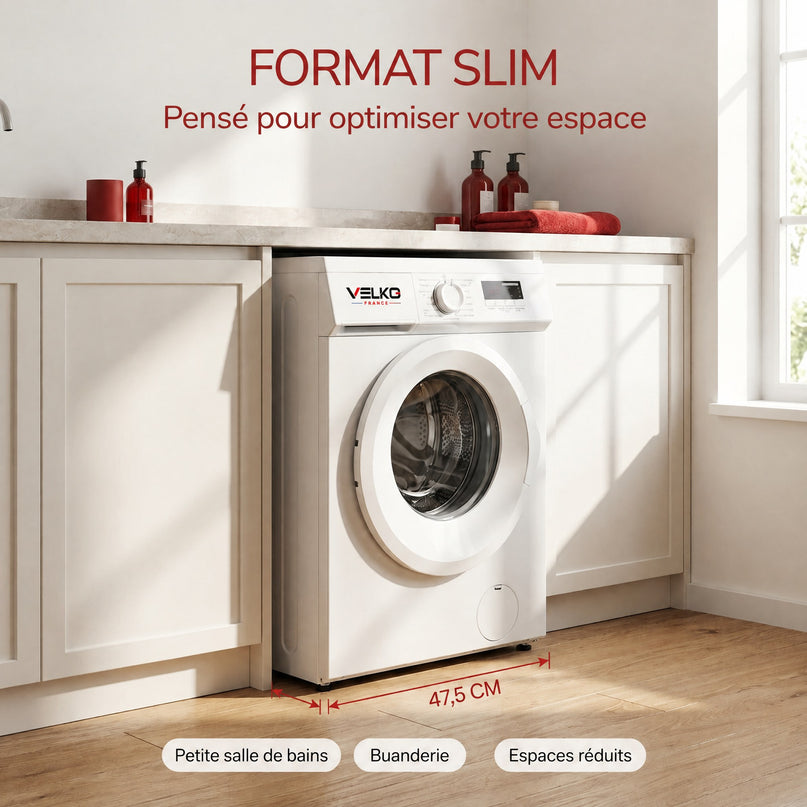 Lave-Linge Hublot VELKO Élégance 8 – Machine à Laver 8 kg – Classe A – 1400 tr/min – 15 Programmes, Vapeur & Format Slim