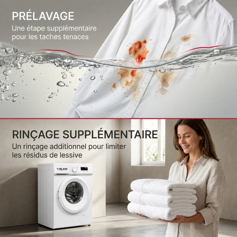 Lave-Linge Hublot VELKO Élégance 8 – Machine à Laver 8 kg – Classe A – 1400 tr/min – 15 Programmes, Vapeur & Format Slim