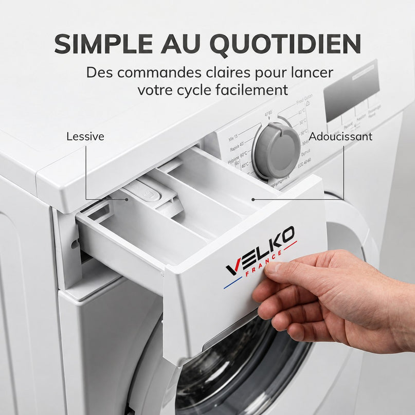 Lave-Linge Hublot VELKO Élégance 8 – Machine à Laver 8 kg – Classe A – 1400 tr/min – 15 Programmes, Vapeur & Format Slim