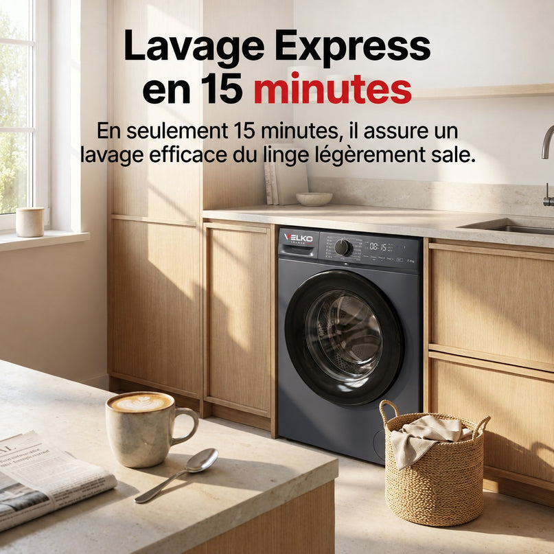 Lave-Linge Hublot VELKO Nova 7 – Machine à Laver 7 kg – Classe A – 1200 tr/min – 15 Programmes & Vapeur.