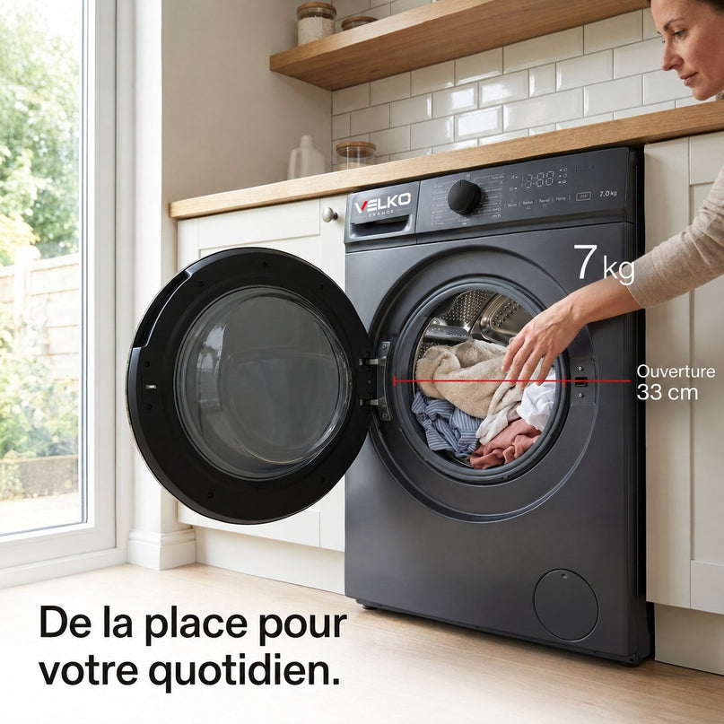 Lave-Linge Hublot VELKO Nova 7 – Machine à Laver 7 kg – Classe A – 1200 tr/min – 15 Programmes & Vapeur.