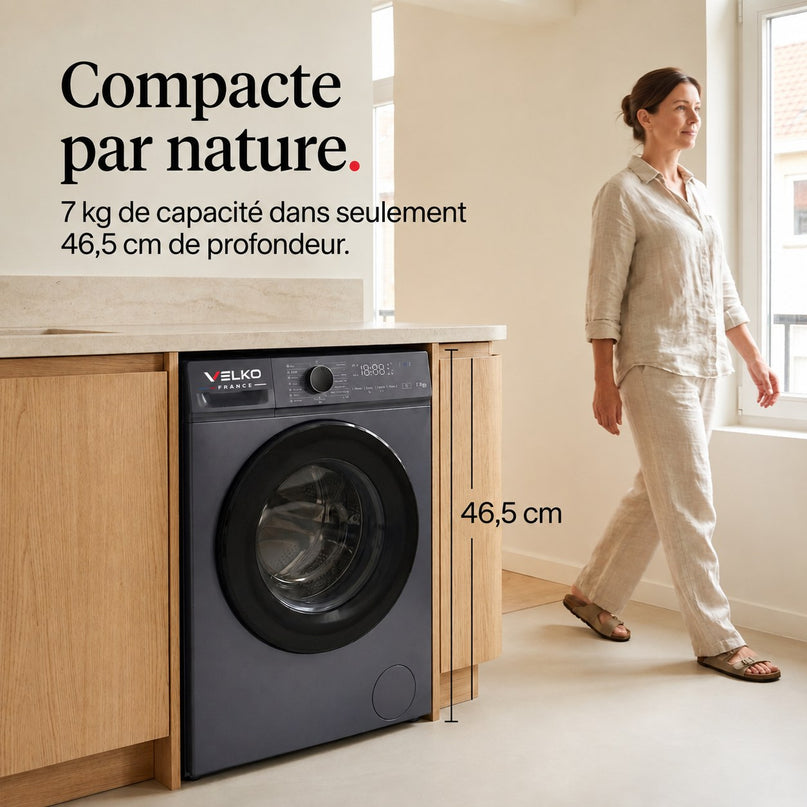 Lave-Linge Hublot VELKO Nova 7 – Machine à Laver 7 kg – Classe A – 1200 tr/min – 15 Programmes & Vapeur.