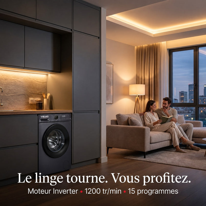 Lave-Linge Hublot VELKO Nova 7 – Machine à Laver 7 kg – Classe A – 1200 tr/min – 15 Programmes & Vapeur.