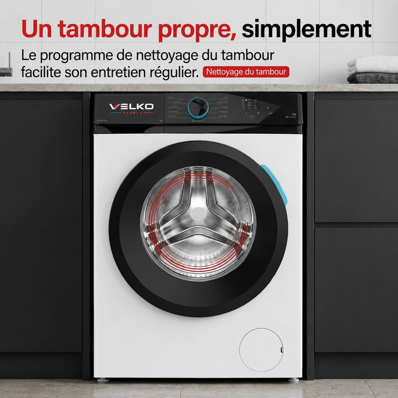 Lave-Linge Hublot VELKO Pureva 8 – Machine à Laver 8 kg – Classe A – 1200 tr/min – 11 Programmes – Vapeur & Moteur Inverter