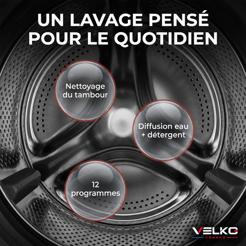 Lave-Linge VELKO Pure 7 – Machine à Laver 7 kg – Classe A – 1 200 tr/min – 12 Programmes – Vapeur