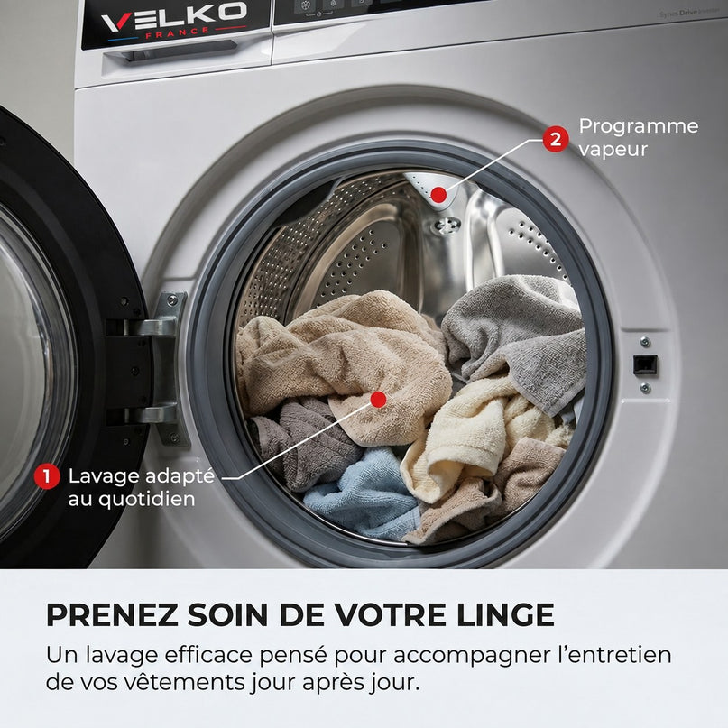 Lave-Linge VELKO Pure 7 – Machine à Laver 7 kg – Classe A – 1 200 tr/min – 12 Programmes – Vapeur