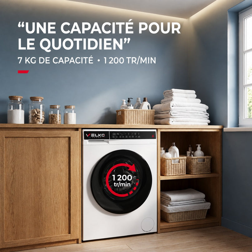 Lave-Linge VELKO Pure 7 – Machine à Laver 7 kg – Classe A – 1 200 tr/min – 12 Programmes – Vapeur