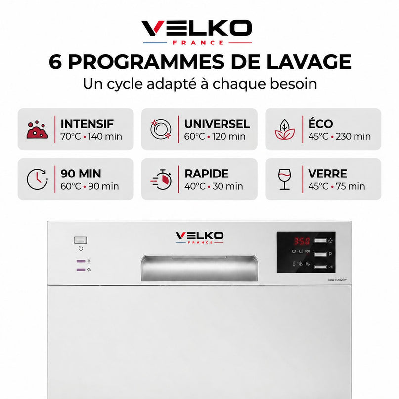 Lave-Vaisselle Compact VELKO Compacta 6 – 6 Couverts – 6 Programmes – 47 dB – Cycle Rapide 30 min – Blanc