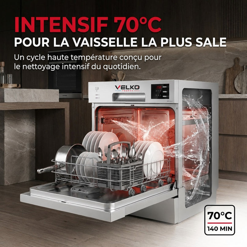 Lave-Vaisselle Compact VELKO Compacta 6 – 6 Couverts – 6 Programmes – 47 dB – Cycle Rapide 30 min – Blanc