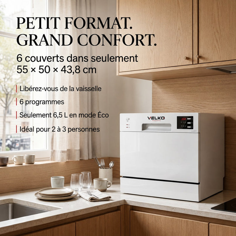 Lave-Vaisselle Compact VELKO Compacta 6 – 6 Couverts – 6 Programmes – 47 dB – Cycle Rapide 30 min – Blanc