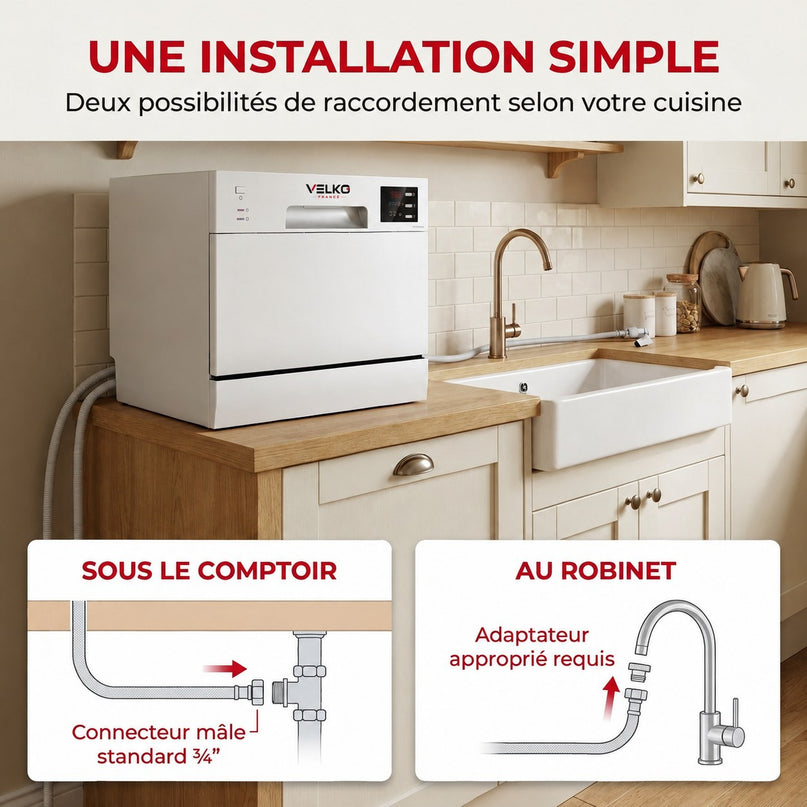 Lave-Vaisselle Compact VELKO Compacta 6 – 6 Couverts – 6 Programmes – 47 dB – Cycle Rapide 30 min – Blanc