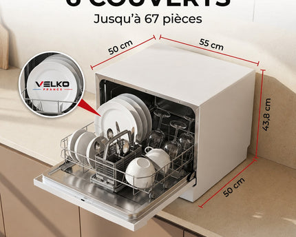 Lave-Vaisselle Compact VELKO Compacta 6 – 6 Couverts – 6 Programmes – 47 dB – Cycle Rapide 30 min – Blanc