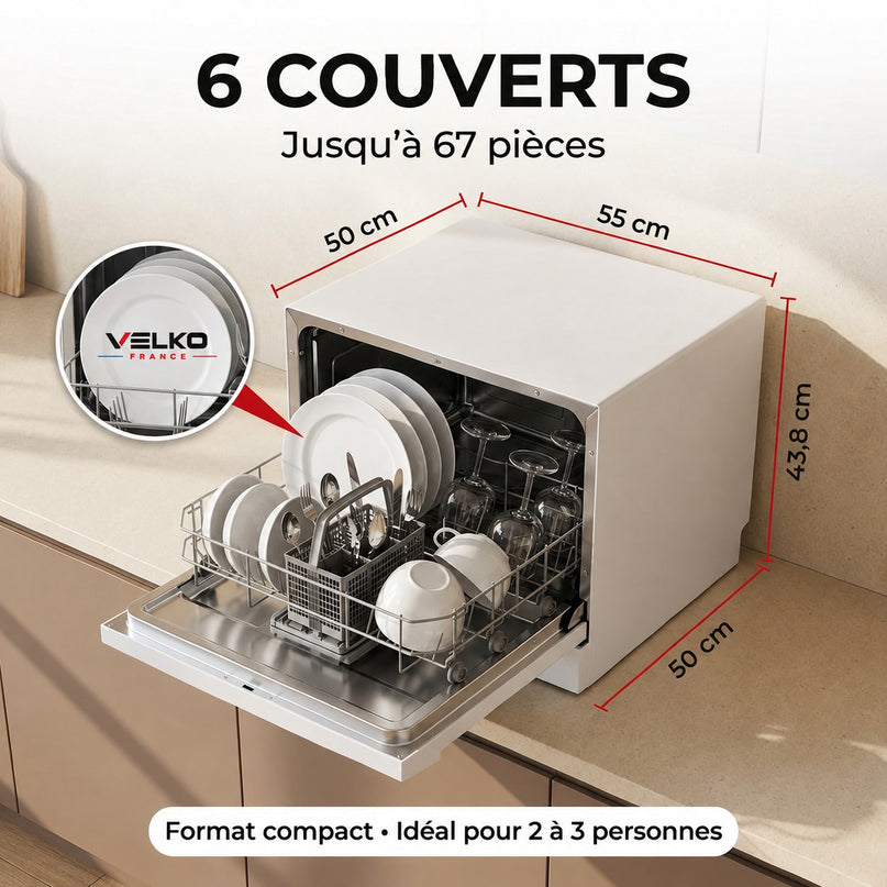 Lave-Vaisselle Compact VELKO Compacta 6 – 6 Couverts – 6 Programmes – 47 dB – Cycle Rapide 30 min – Blanc