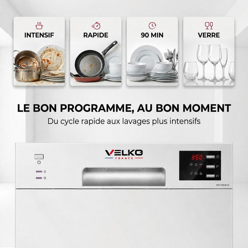 Lave-Vaisselle Compact VELKO Compacta 6 – 6 Couverts – 6 Programmes – 47 dB – Cycle Rapide 30 min – Blanc
