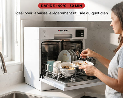 Lave-Vaisselle Compact VELKO Compacta 6 – 6 Couverts – 6 Programmes – 47 dB – Cycle Rapide 30 min – Blanc