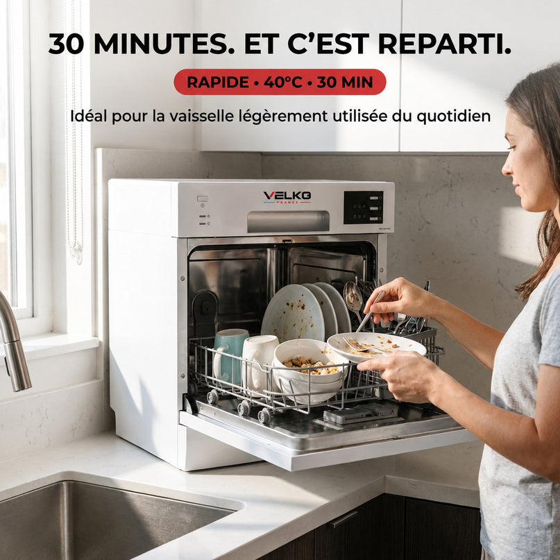 Lave-Vaisselle Compact VELKO Compacta 6 – 6 Couverts – 6 Programmes – 47 dB – Cycle Rapide 30 min – Blanc