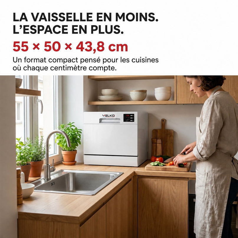 Lave-Vaisselle Compact VELKO Compacta 6 – 6 Couverts – 6 Programmes – 47 dB – Cycle Rapide 30 min – Blanc