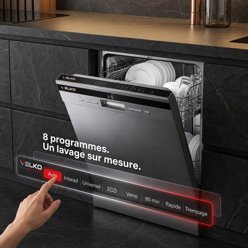 Lave-Vaisselle Pose Libre VELKO Altis 14 – 14 Couverts – 44 dB – 8 Programmes – Ouverture Automatique – Inox