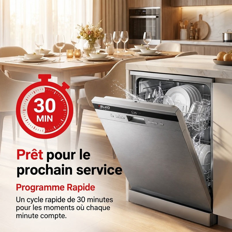 Lave-Vaisselle Pose Libre VELKO Altis 14 – 14 Couverts – 44 dB – 8 Programmes – Ouverture Automatique – Inox