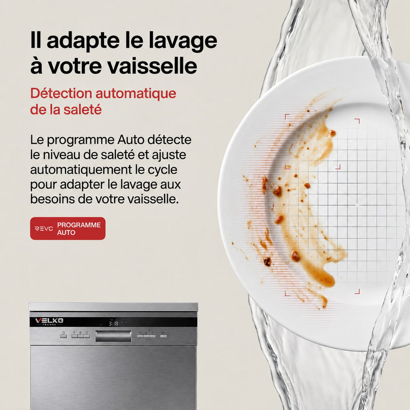 Lave-Vaisselle Pose Libre VELKO Altis 14 – 14 Couverts – 44 dB – 8 Programmes – Ouverture Automatique – Inox