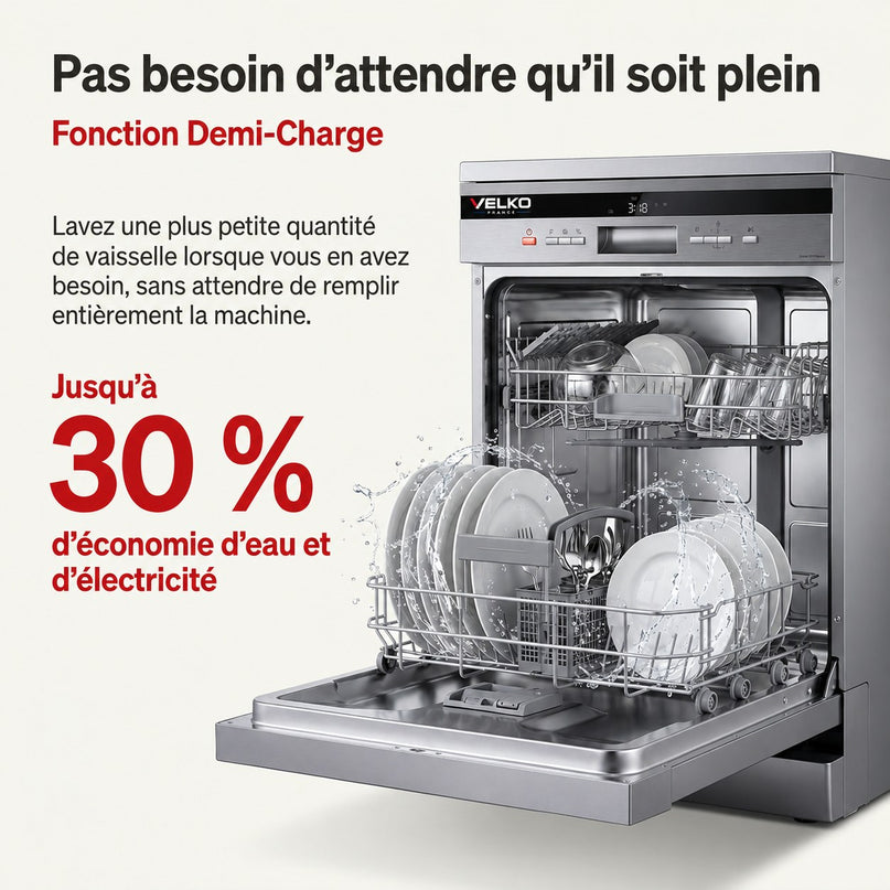 Lave-Vaisselle Pose Libre VELKO Altis 14 – 14 Couverts – 44 dB – 8 Programmes – Ouverture Automatique – Inox