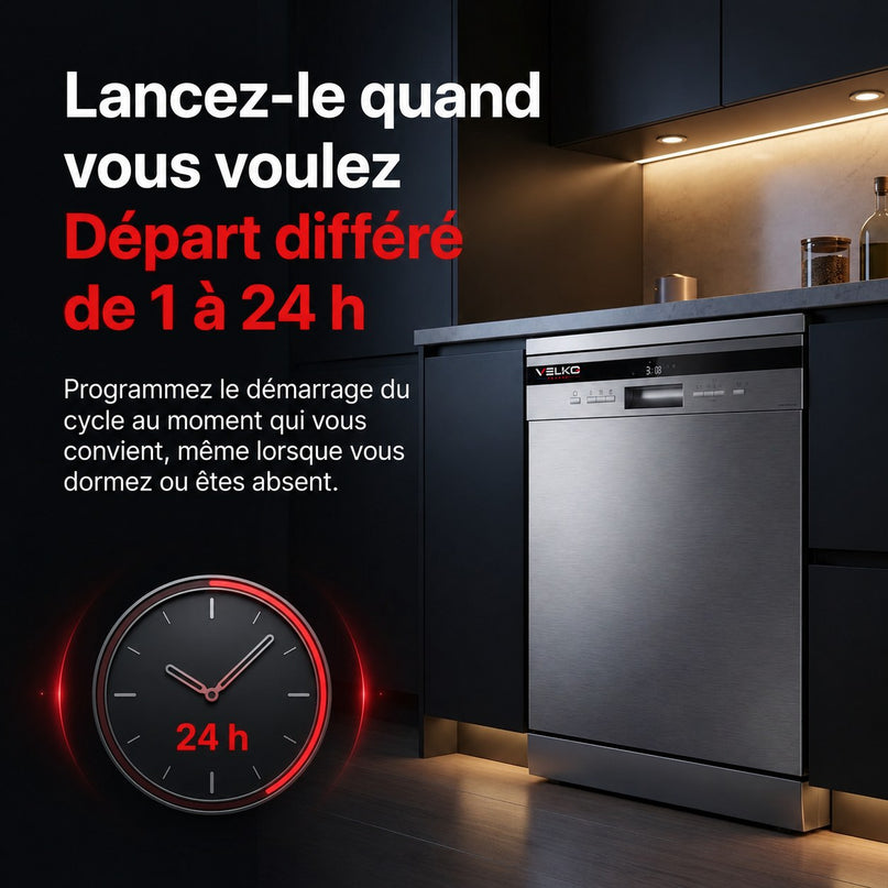 Lave-Vaisselle Pose Libre VELKO Altis 14 – 14 Couverts – 44 dB – 8 Programmes – Ouverture Automatique – Inox