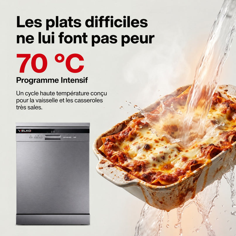 Lave-Vaisselle Pose Libre VELKO Altis 14 – 14 Couverts – 44 dB – 8 Programmes – Ouverture Automatique – Inox