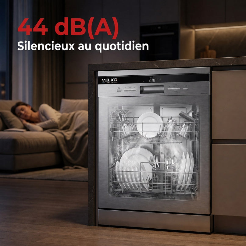 Lave-Vaisselle Pose Libre VELKO Altis 14 – 14 Couverts – 44 dB – 8 Programmes – Ouverture Automatique – Inox