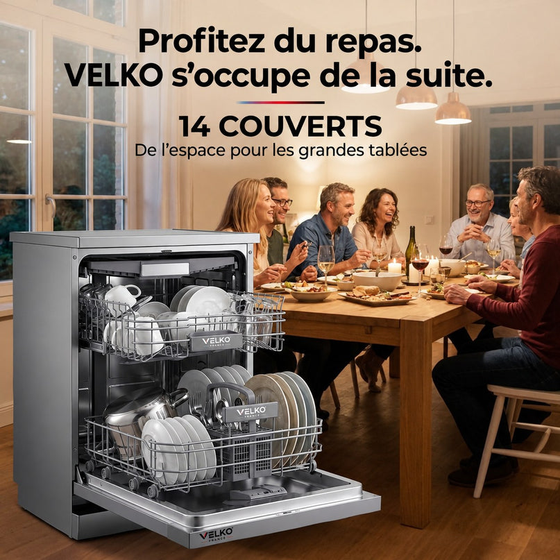 Lave-Vaisselle Pose Libre VELKO Altis 14 – 14 Couverts – 44 dB – 8 Programmes – Ouverture Automatique – Inox