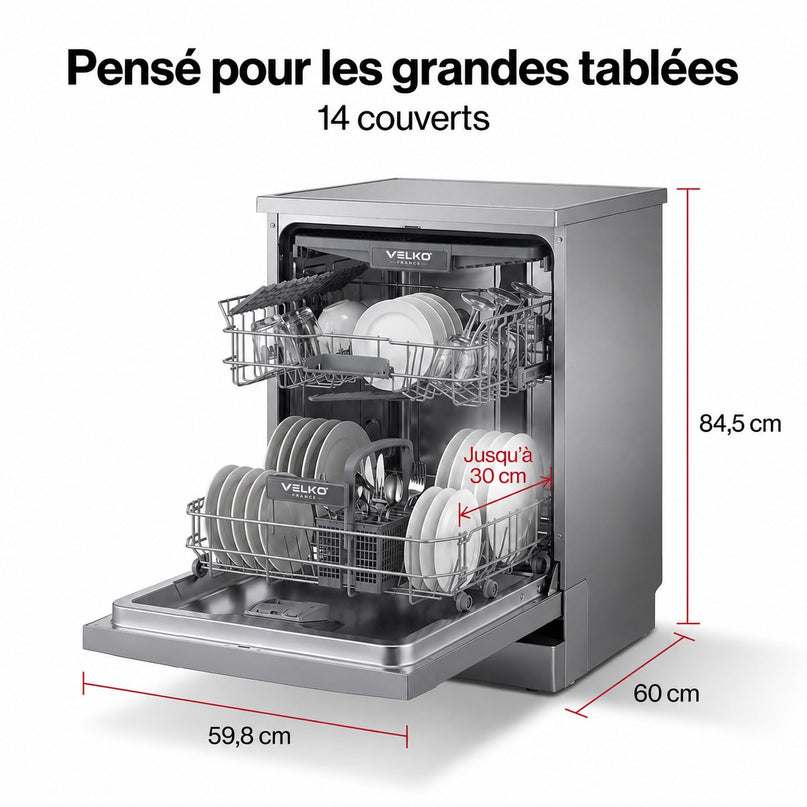 Lave-Vaisselle Pose Libre VELKO Altis 14 – 14 Couverts – 44 dB – 8 Programmes – Ouverture Automatique – Inox