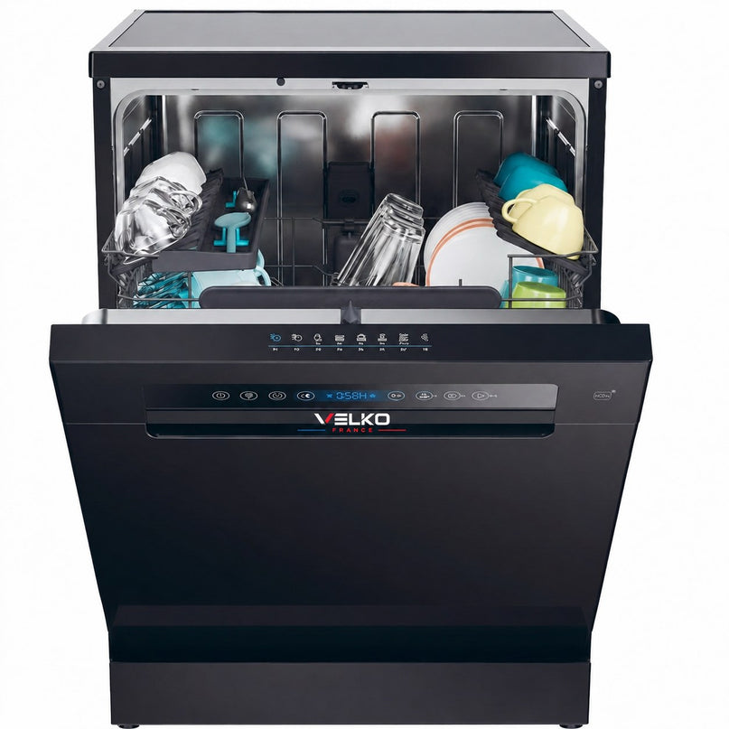 Lave-Vaisselle Pose Libre VELKO Novera 15 – 15 Couverts – Classe C – 46 dB – 8 Programmes – Ouverture Automatique – Connecté – Noir