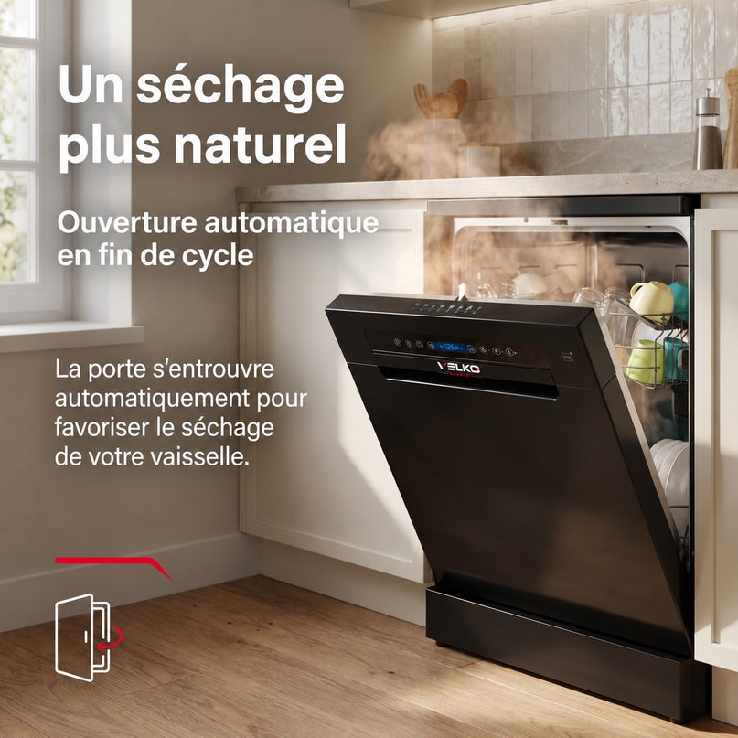 Lave-Vaisselle Pose Libre VELKO Novera 15 – 15 Couverts – Classe C – 46 dB – 8 Programmes – Ouverture Automatique – Connecté – Noir