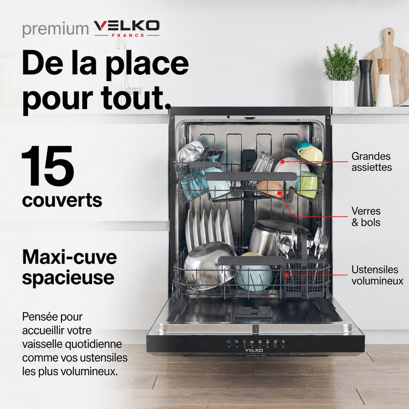 Lave-Vaisselle Pose Libre VELKO Novera 15 – 15 Couverts – Classe C – 46 dB – 8 Programmes – Ouverture Automatique – Connecté – Noir