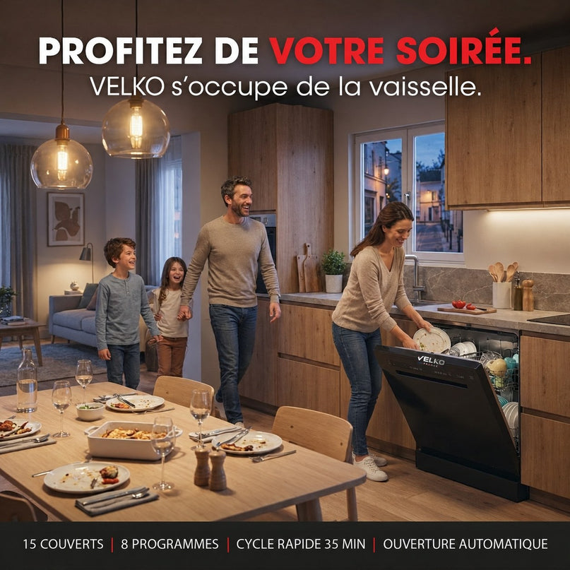 Lave-Vaisselle Pose Libre VELKO Novera 15 – 15 Couverts – Classe C – 46 dB – 8 Programmes – Ouverture Automatique – Connecté – Noir