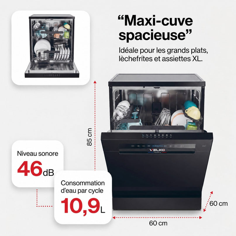 Lave-Vaisselle Pose Libre VELKO Novera 15 – 15 Couverts – Classe C – 46 dB – 8 Programmes – Ouverture Automatique – Connecté – Noir
