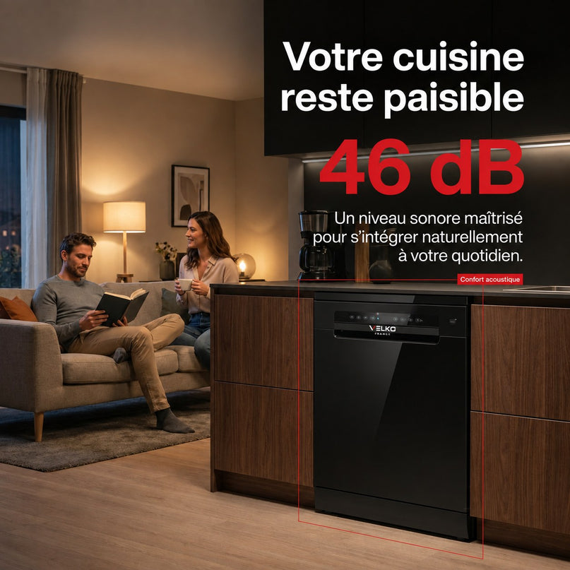 Lave-Vaisselle Pose Libre VELKO Novera 15 – 15 Couverts – Classe C – 46 dB – 8 Programmes – Ouverture Automatique – Connecté – Noir