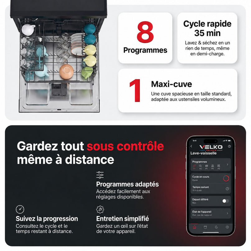 Lave-Vaisselle Pose Libre VELKO Novera 15 – 15 Couverts – Classe C – 46 dB – 8 Programmes – Ouverture Automatique – Connecté – Noir
