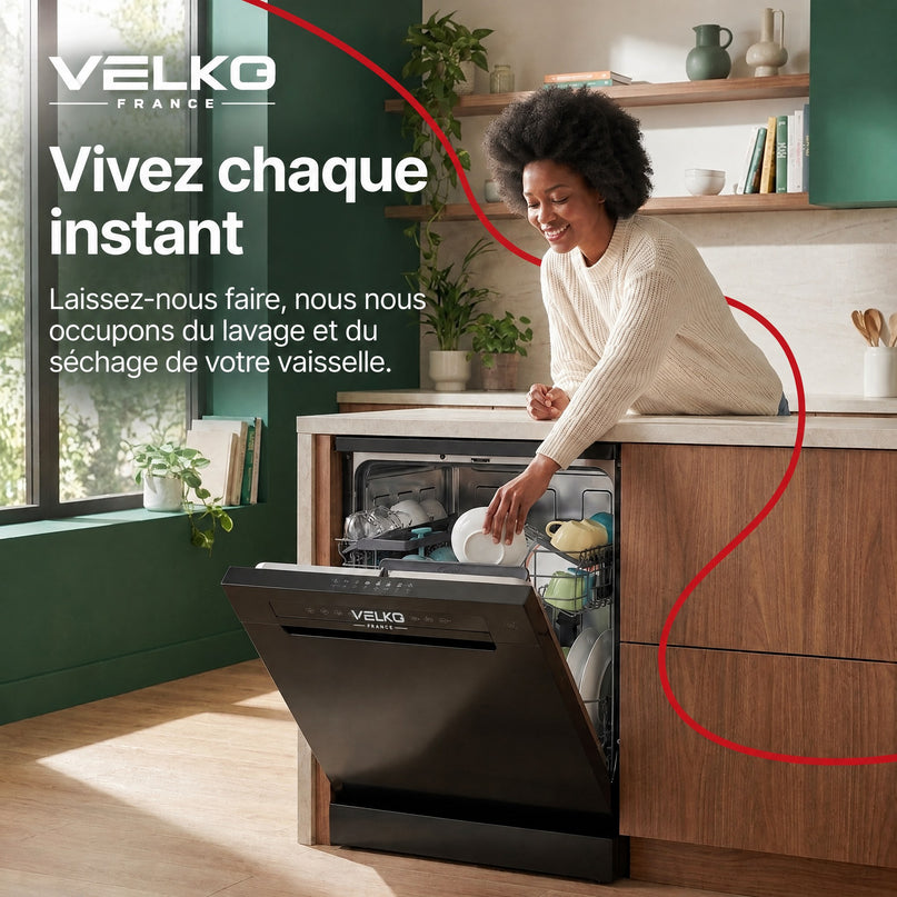 Lave-Vaisselle Pose Libre VELKO Novera 15 – 15 Couverts – Classe C – 46 dB – 8 Programmes – Ouverture Automatique – Connecté – Noir