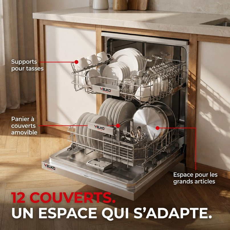 Lave-Vaisselle Pose Libre VELKO Soreva 12 – 12 Couverts – 47 dB – 6 Programmes – Lavage Hygiénique 72°C – Inox