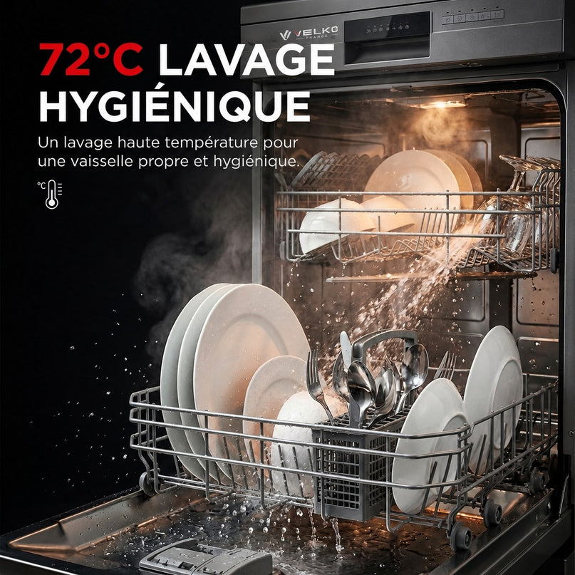 Lave-Vaisselle Pose Libre VELKO Soreva 12 – 12 Couverts – 47 dB – 6 Programmes – Lavage Hygiénique 72°C – Inox