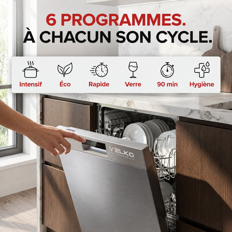 Lave-Vaisselle Pose Libre VELKO Soreva 12 – 12 Couverts – 47 dB – 6 Programmes – Lavage Hygiénique 72°C – Inox