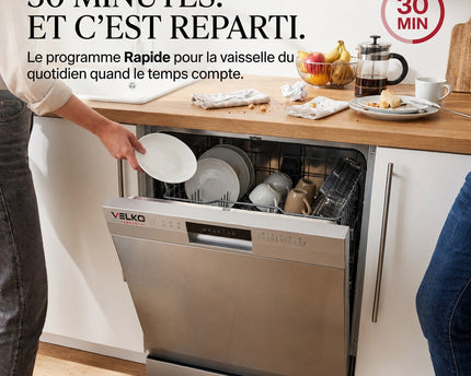 Lave-Vaisselle Pose Libre VELKO Soreva 12 – 12 Couverts – 47 dB – 6 Programmes – Lavage Hygiénique 72°C – Inox