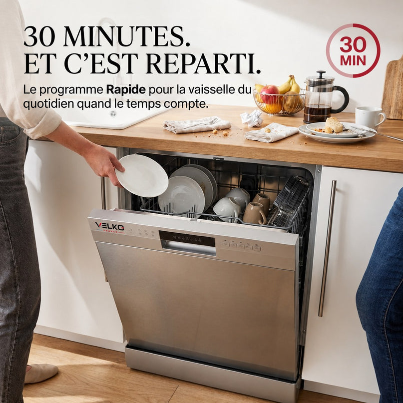 Lave-Vaisselle Pose Libre VELKO Soreva 12 – 12 Couverts – 47 dB – 6 Programmes – Lavage Hygiénique 72°C – Inox