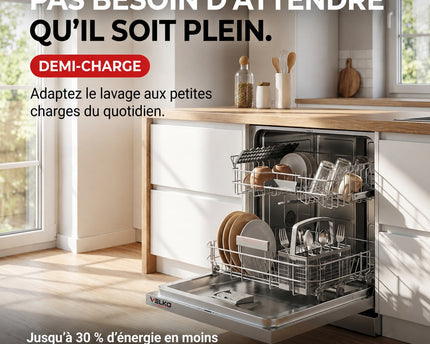 Lave-Vaisselle Pose Libre VELKO Soreva 12 – 12 Couverts – 47 dB – 6 Programmes – Lavage Hygiénique 72°C – Inox