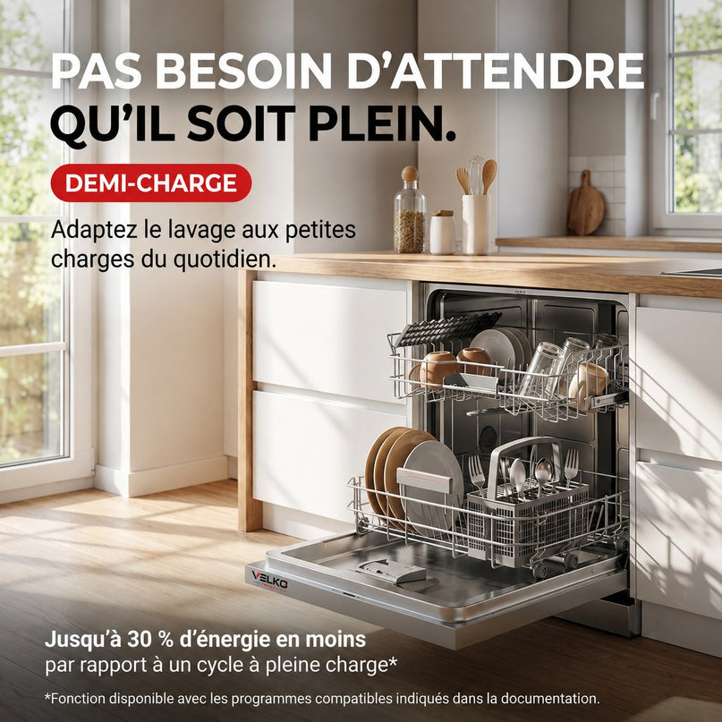 Lave-Vaisselle Pose Libre VELKO Soreva 12 – 12 Couverts – 47 dB – 6 Programmes – Lavage Hygiénique 72°C – Inox