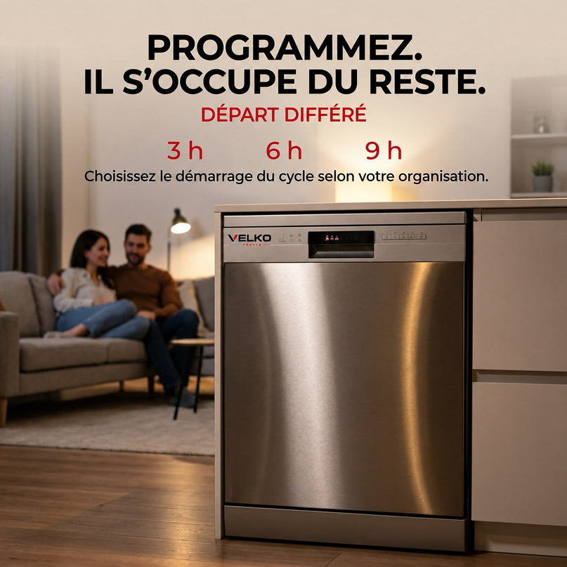 Lave-Vaisselle Pose Libre VELKO Soreva 12 – 12 Couverts – 47 dB – 6 Programmes – Lavage Hygiénique 72°C – Inox