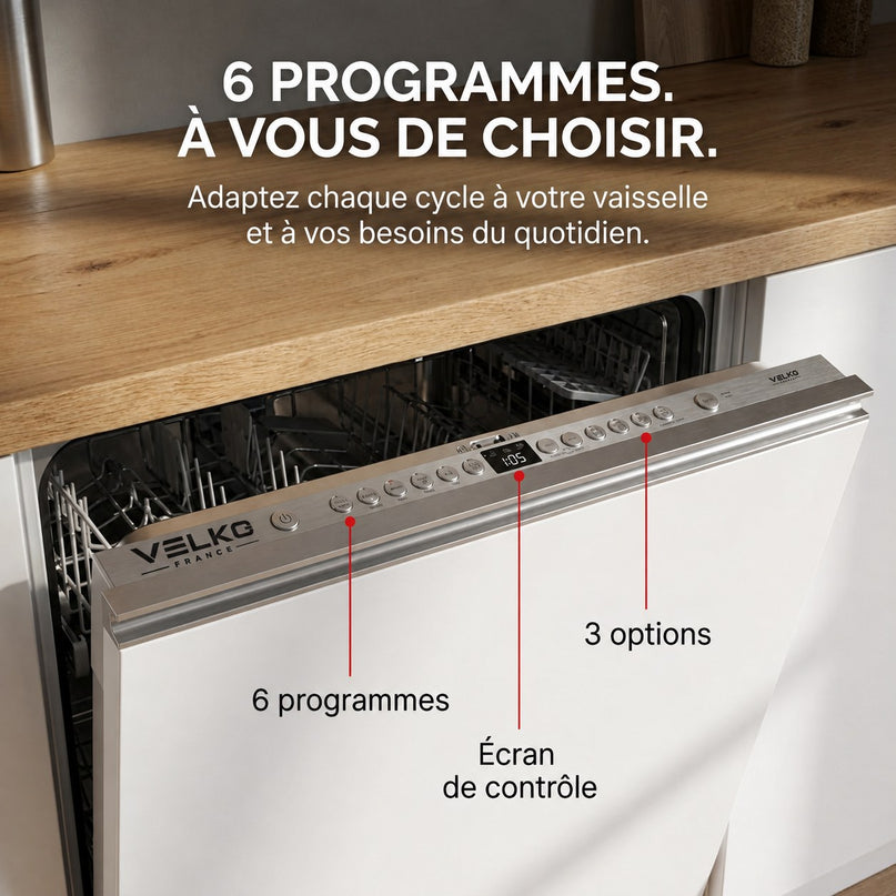 Lave-Vaisselle Tout Intégrable VELKO Integra 60 – 60 cm – 6 Programmes – 3 Options – 48 dB – Panier Réglable 3 Hauteurs