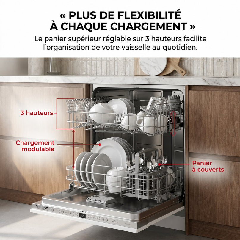 Lave-Vaisselle Tout Intégrable VELKO Integra 60 – 60 cm – 6 Programmes – 3 Options – 48 dB – Panier Réglable 3 Hauteurs